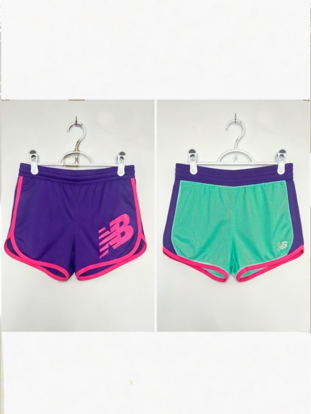 New Balance Girls Size 14 Neon Reversible Athletic Shorts - Purple, Teal & Pink